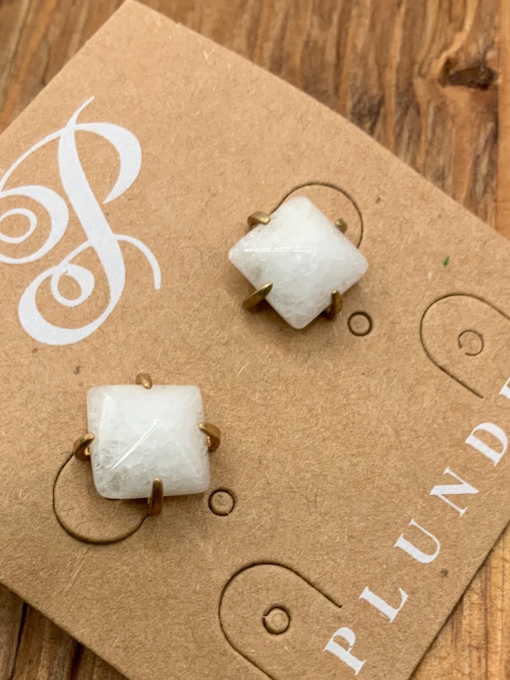 Plunder Design White Square Cut Stone Gold Tone Stud Earrings
